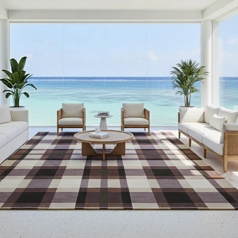 Brown Beige Checks Hand-Tufted Wool Rug