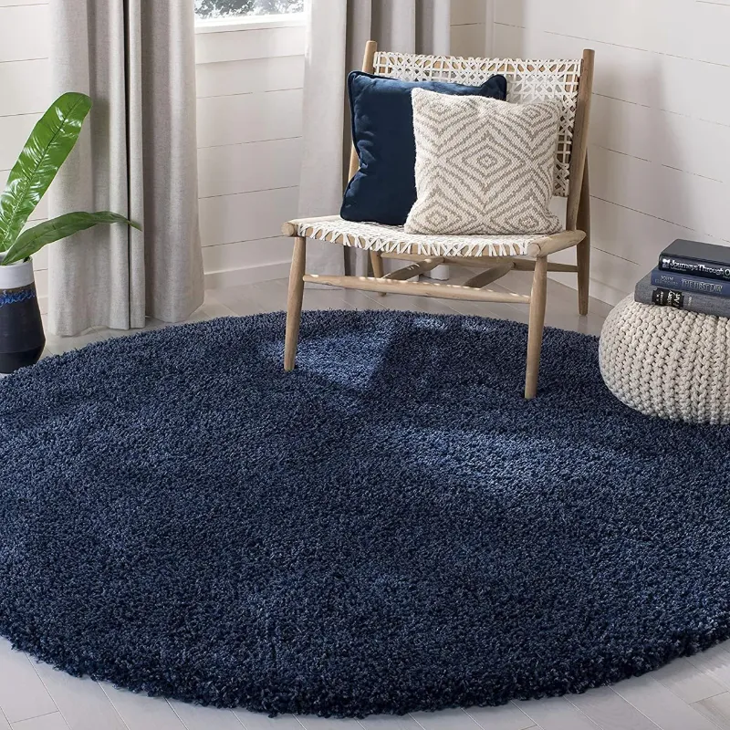 Navy Blue Round Solid Microfiber Plush Anti Skid Rug