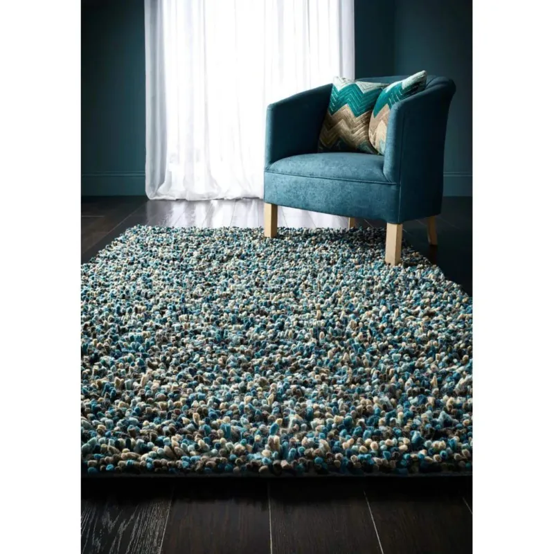 Rocks Blue Shaggy Pile Wool Rug